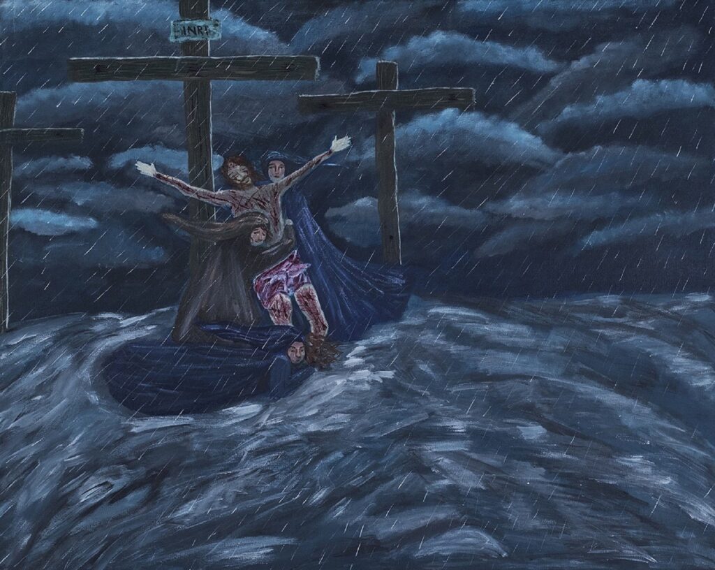 Original Bible Painting of Jesus Taken Down from Cross with Mary, John and Magdalene