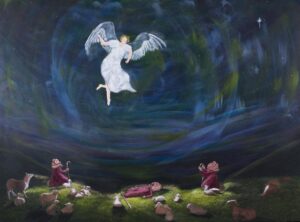 Original Traditional Inspirational Bible painting of Shepherds in awe of angel