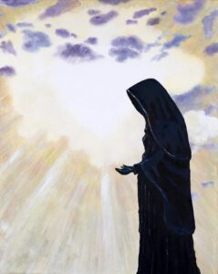 Original Traditional Inspirational Bible painting of Virgin Mary in front of sun breaking through clouds