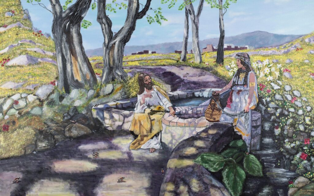 Original traditional inspirational Bible painting of Jesus and the Samaritan Woman