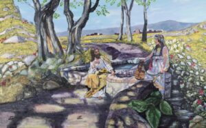 Original traditional inspirational Bible painting of Jesus and the Samaritan Woman